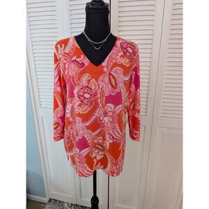Talbots Sweater Women S V-Neck Pink Orange Paisley Granny Core 90s Vibrant Vacay